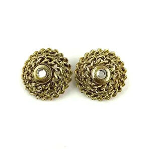 VTG Gold Tone Metal Clip On Earrings CRAFT Signed Rhinestone Center Rope Chain
